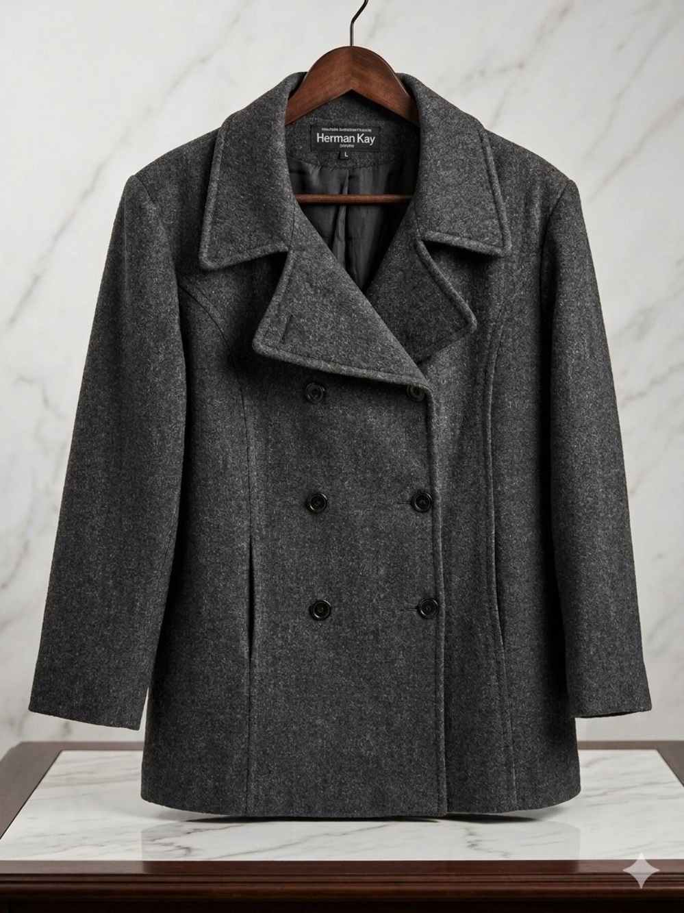 Herman Kay Wool Pea Coat Gray Double Breasted Petite Large Academia Streetwear